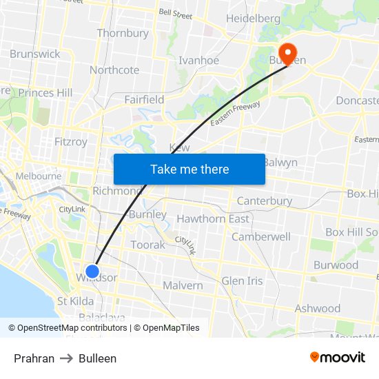 Prahran to Bulleen map