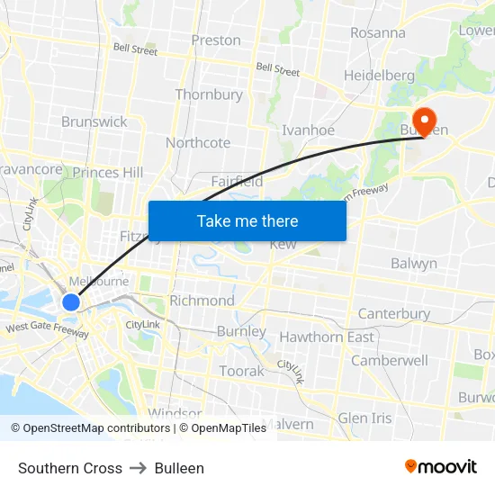 Southern Cross to Bulleen map