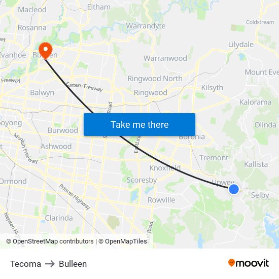 Tecoma to Bulleen map