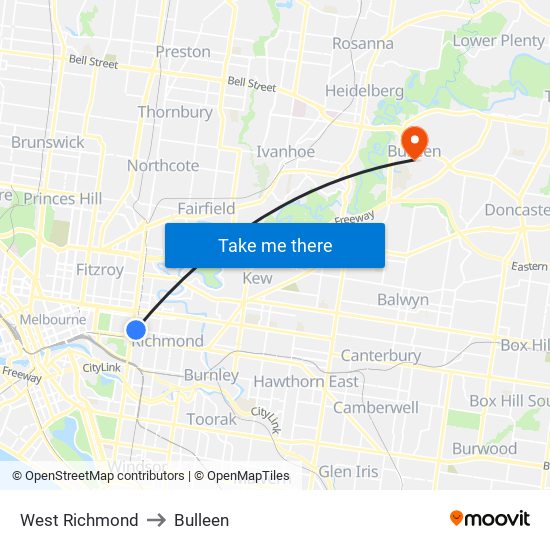 West Richmond to Bulleen map