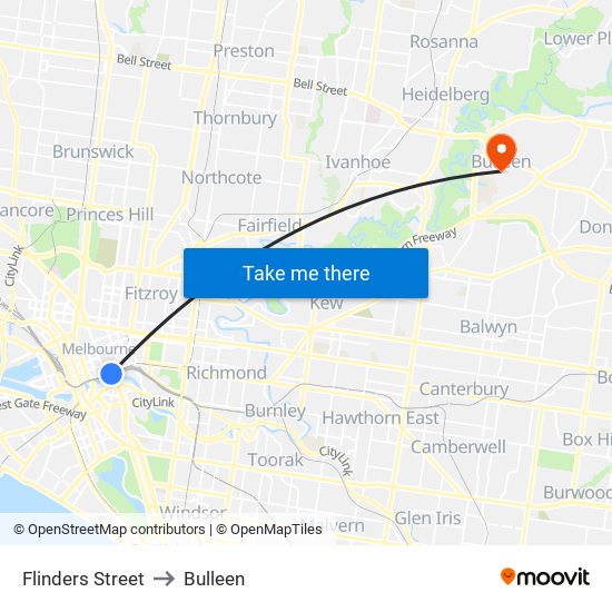 Flinders Street to Bulleen map