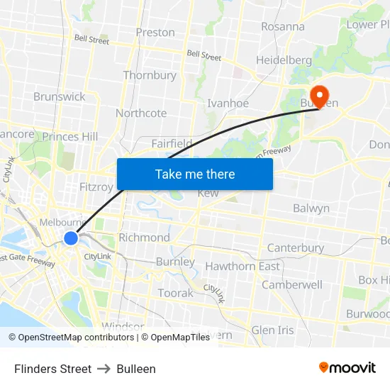 Flinders Street to Bulleen map