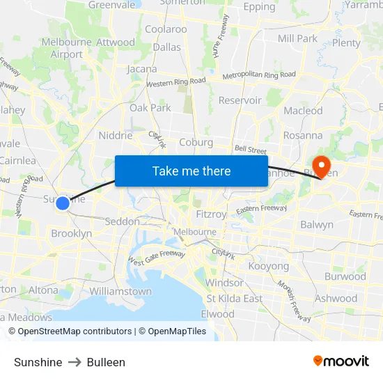 Sunshine to Bulleen map