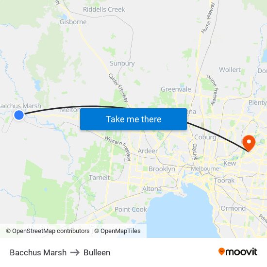 Bacchus Marsh to Bulleen map