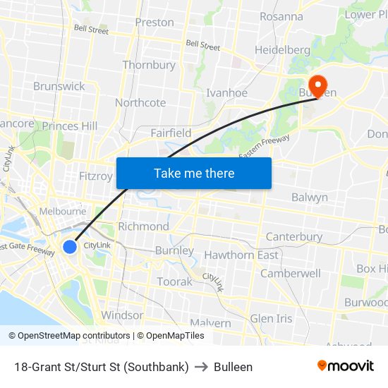 18-Grant St/Sturt St (Southbank) to Bulleen map