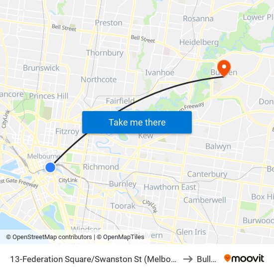 13-Federation Square/Swanston St (Melbourne City) to Bulleen map