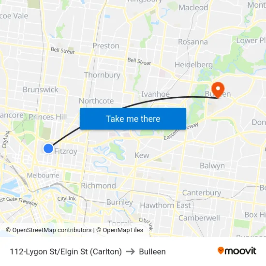 Lygon St/Elgin St #112 to Bulleen map