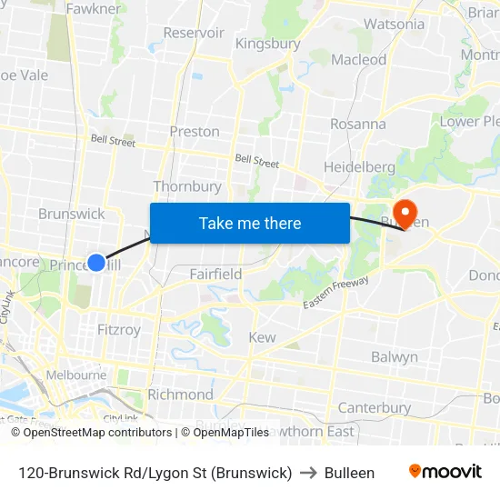 Brunswick Rd/Lygon St #120 to Bulleen map