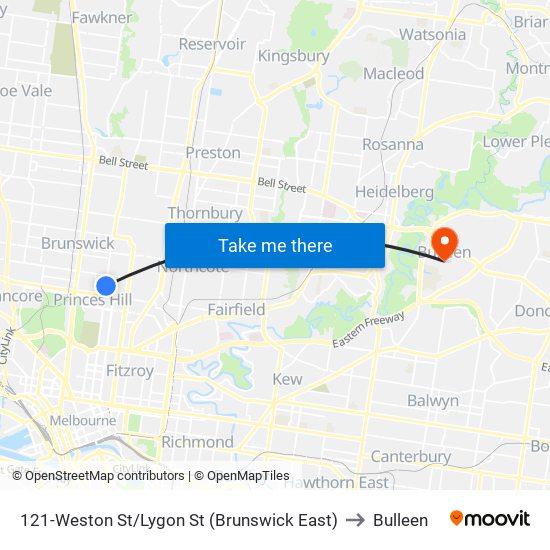 121-Weston St/Lygon St (Brunswick East) to Bulleen map