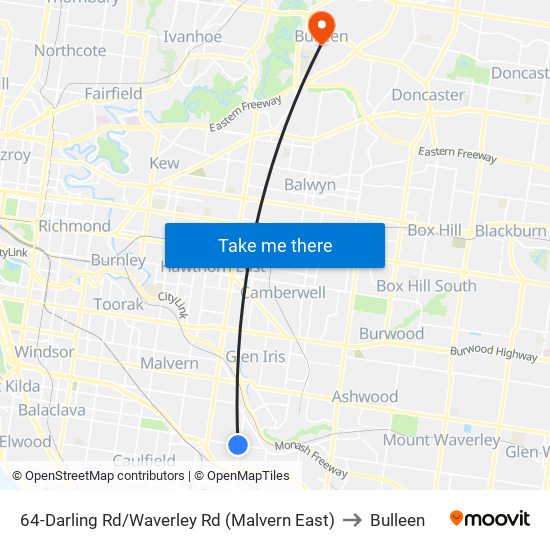 64-Darling Rd/Waverley Rd (Malvern East) to Bulleen map