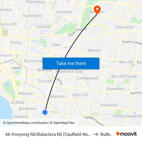 46-Kooyong Rd/Balaclava Rd (Caulfield North) to Bulleen map