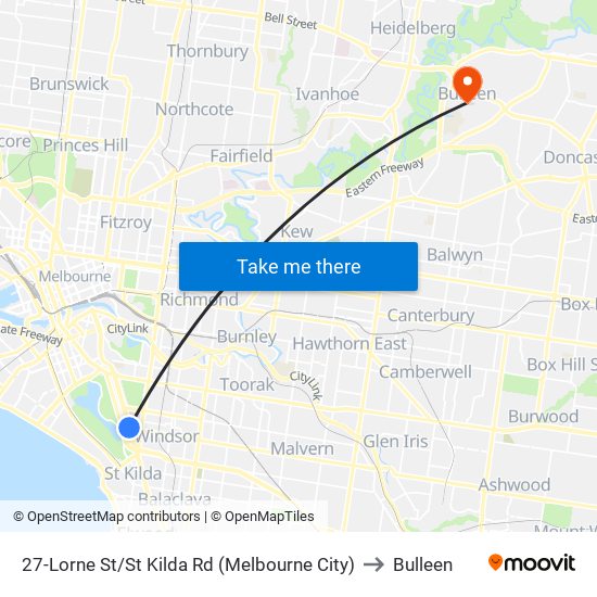 27-Lorne St/St Kilda Rd (Melbourne City) to Bulleen map