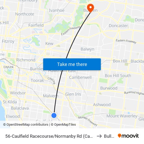 56-Caulfield Racecourse/Normanby Rd (Caulfield North) to Bulleen map