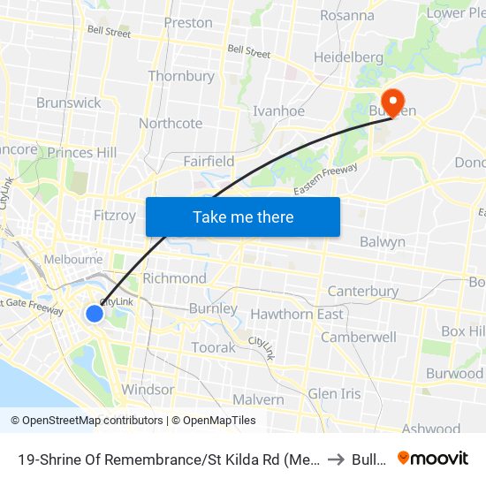 19-Shrine Of Remembrance/St Kilda Rd (Melbourne City) to Bulleen map