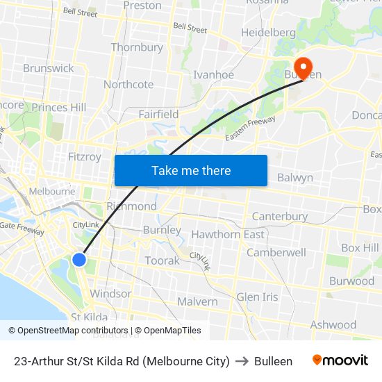 23-Arthur St/St Kilda Rd (Melbourne City) to Bulleen map