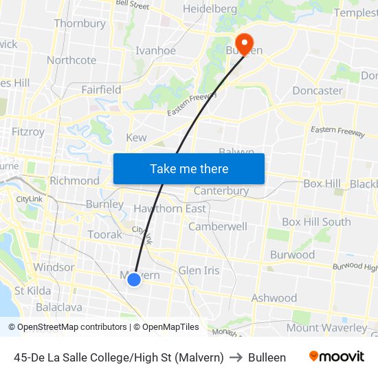 45-De La Salle College/High St (Malvern) to Bulleen map