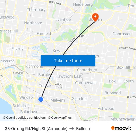 38-Orrong Rd/High St (Armadale) to Bulleen map