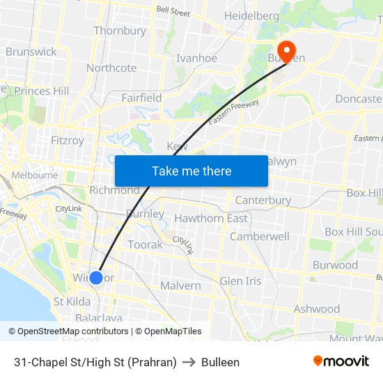 31-Chapel St/High St (Prahran) to Bulleen map