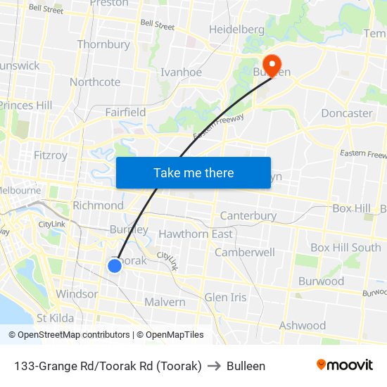 133-Grange Rd/Toorak Rd (Toorak) to Bulleen map