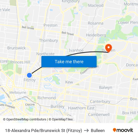 18-Alexandra Pde/Brunswick St (Fitzroy) to Bulleen map