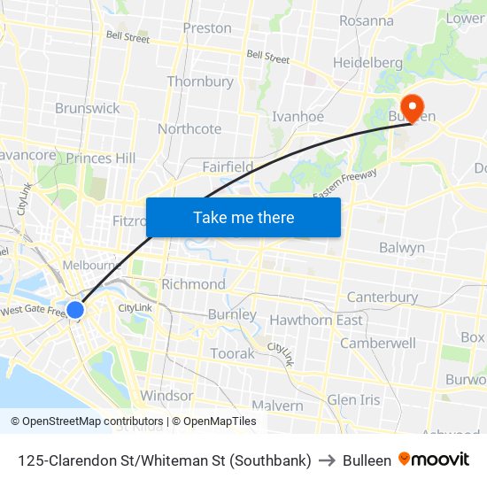 125-Clarendon St/Whiteman St (Southbank) to Bulleen map