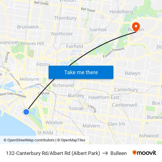 132-Canterbury Rd/Albert Rd (Albert Park) to Bulleen map