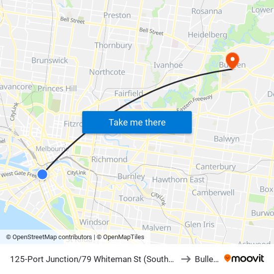 125-Port Junction/79 Whiteman St (Southbank) to Bulleen map