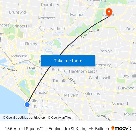 136-Alfred Square/The Esplanade (St Kilda) to Bulleen map