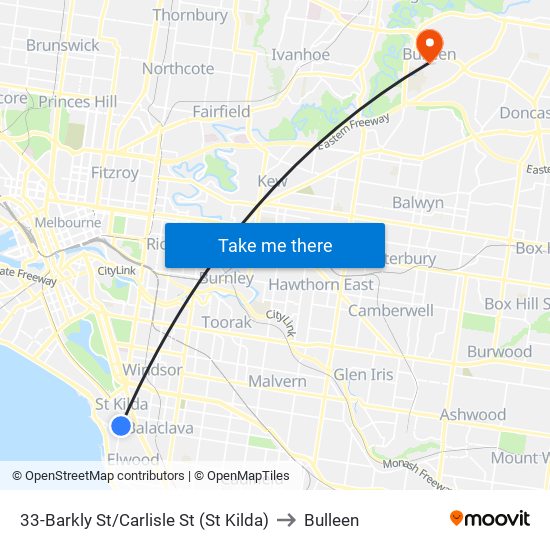 33-Barkly St/Carlisle St (St Kilda) to Bulleen map