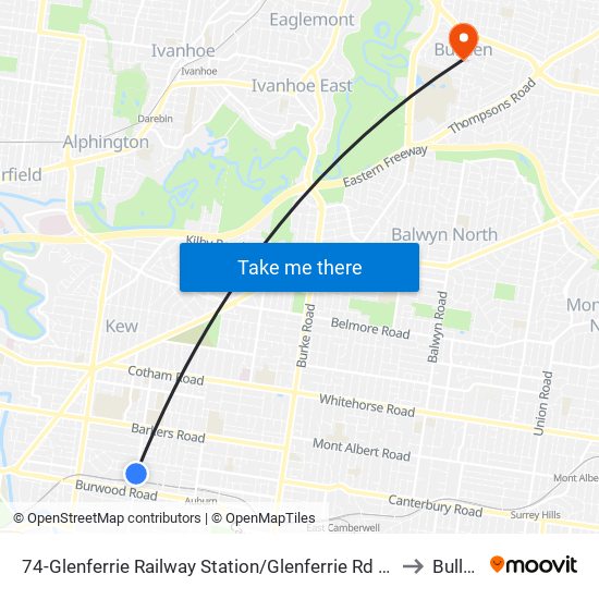 74-Glenferrie Railway Station/Glenferrie Rd (Hawthorn) to Bulleen map