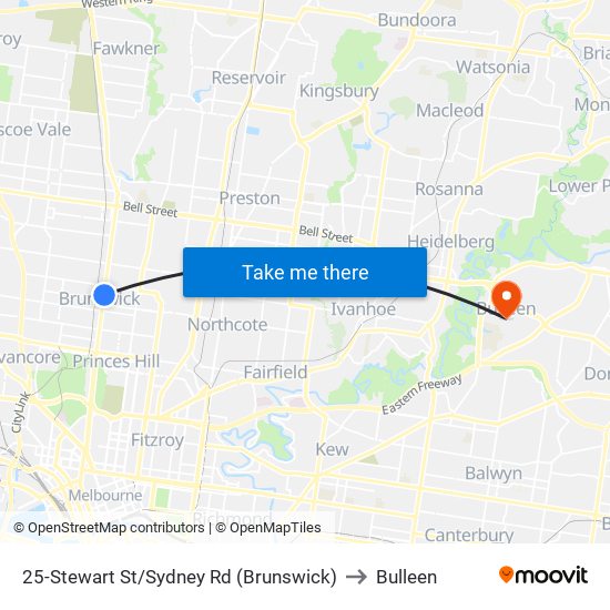 25-Stewart St/Sydney Rd (Brunswick) to Bulleen map