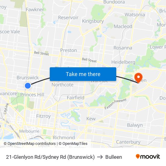 21-Glenlyon Rd/Sydney Rd (Brunswick) to Bulleen map