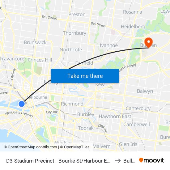 D3-Stadium Precinct - Bourke St/Harbour Esp (Docklands) to Bulleen map