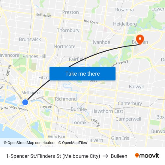 1-Spencer St/Flinders St (Melbourne City) to Bulleen map