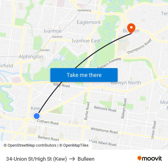 34-Union St/High St (Kew) to Bulleen map