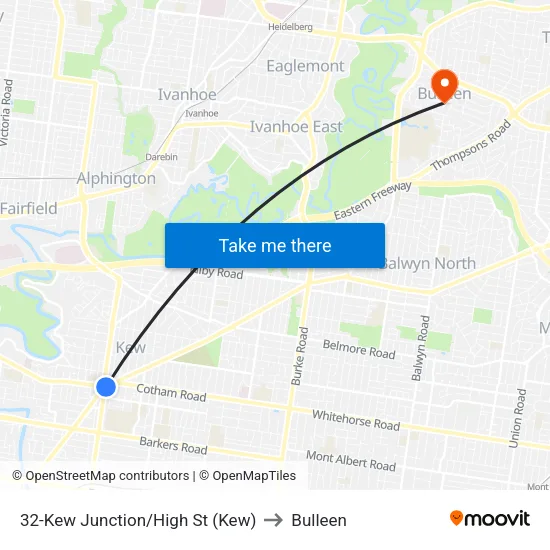 Kew Junction/High St #32 to Bulleen map