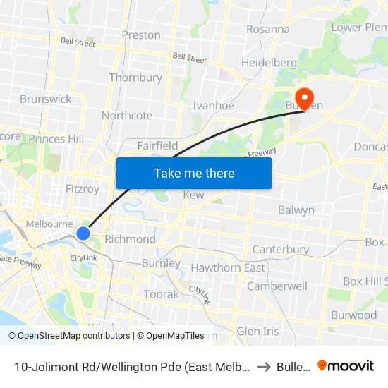 10-Jolimont Rd/Wellington Pde (East Melbourne) to Bulleen map