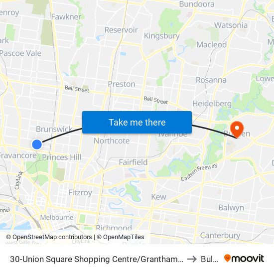 30-Union Square Shopping Centre/Grantham St (Brunswick West) to Bulleen map