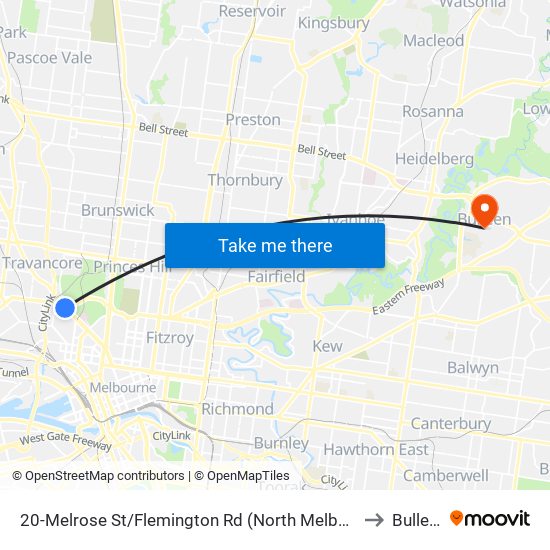 20-Melrose St/Flemington Rd (North Melbourne) to Bulleen map