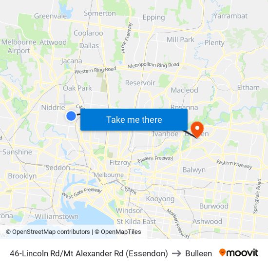 46-Lincoln Rd/Mt Alexander Rd (Essendon) to Bulleen map