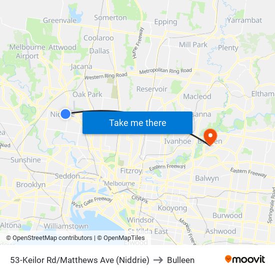 53-Keilor Rd/Matthews Ave (Niddrie) to Bulleen map