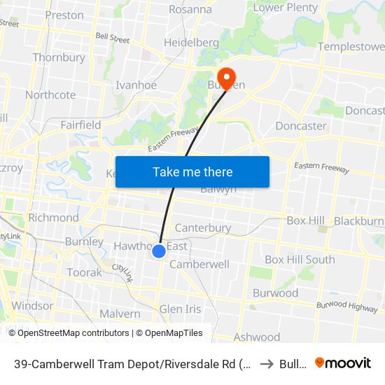 39-Camberwell Tram Depot/Riversdale Rd (Hawthorn East) to Bulleen map