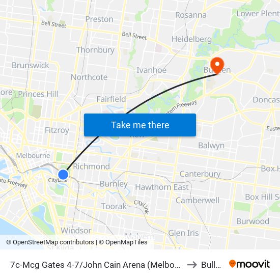 7c-Mcg Gates 4-7/John Cain Arena (Melbourne City) to Bulleen map