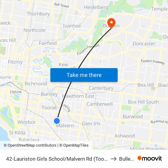 42-Lauriston Girls School/Malvern Rd (Toorak) to Bulleen map