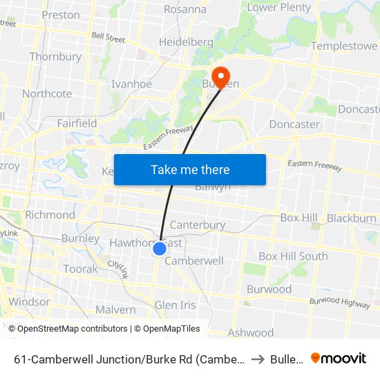 61-Camberwell Junction/Burke Rd (Camberwell) to Bulleen map