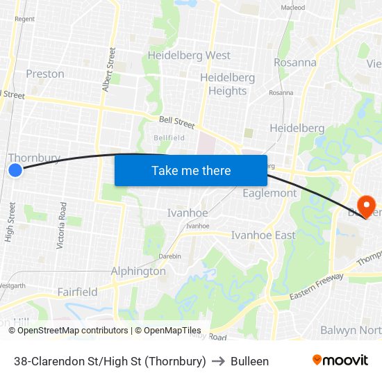 38-Clarendon St/High St (Thornbury) to Bulleen map