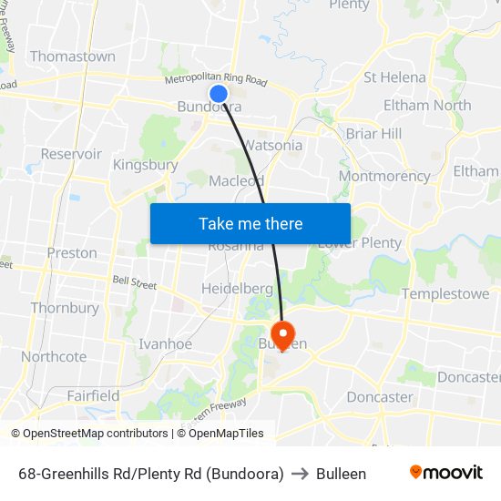 68-Greenhills Rd/Plenty Rd (Bundoora) to Bulleen map