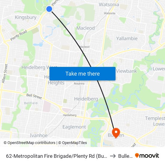 62-Metropolitan Fire Brigade/Plenty Rd (Bundoora) to Bulleen map