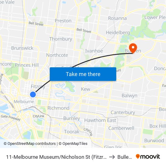 11-Melbourne Museum/Nicholson St (Fitzroy) to Bulleen map