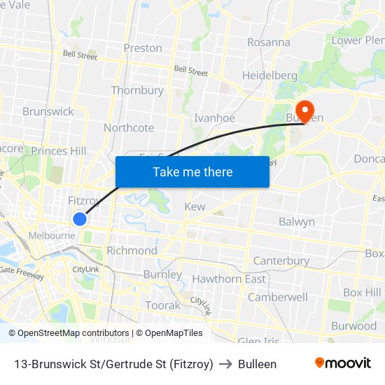 13-Brunswick St/Gertrude St (Fitzroy) to Bulleen map